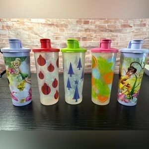 Tupperware Disney Fairies Holiday 16 Oz Tall Tea Tumbler Flip Top Seal Lid 5107
